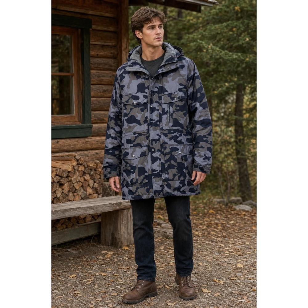Boulder Creek Hooded Parka Men's XL Tall Blue Camo Fleece Lined Chore Coat Barn